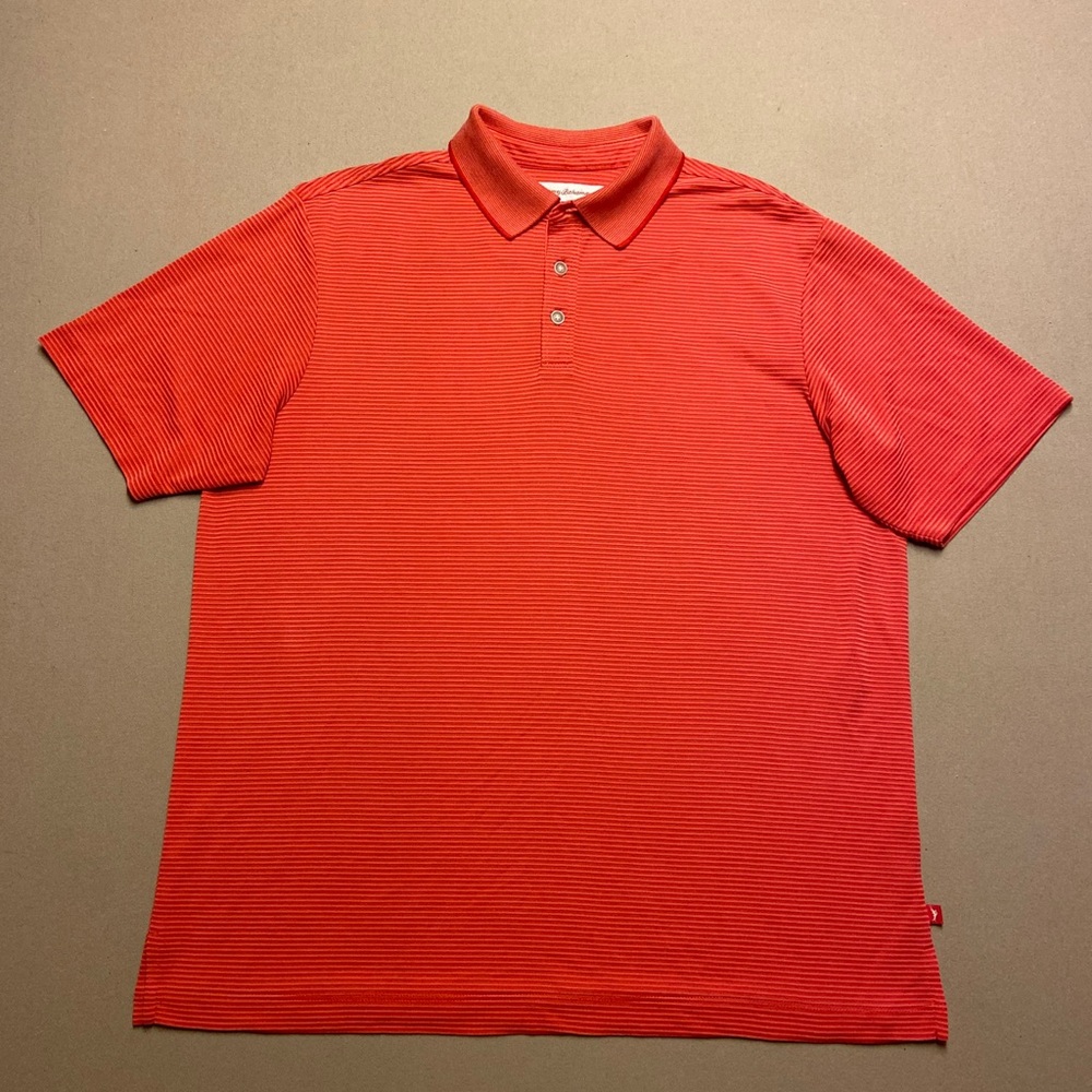 Tommy Bahama Polo Shirt Men's Medium Red Orange Stripe Short Sleeve Modal Blend